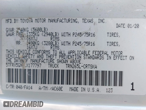2020 Toyota Tacoma SR with VIN 5TFRX5GN1LX177797, listed as a IAAI auction lot 41882427 with 107,787 mi miles and . Bid and sale history available at DreamBid. Image 9.