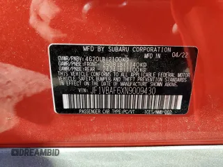 2022 Subaru WRX Premium with VIN JF1VBAF6XN9009430, listed as a Copart auction lot 41533625 with 36,946 mi miles and Salvage Title. Bid and sale history available at DreamBid. Image 13.