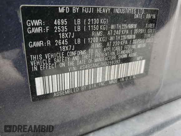 2017 Subaru Outback Limited with VIN 4S4BSANC7H3259392, listed as a Copart auction lot 59525505 with 93,210 mi miles and Salvage title. Bid and sale history available at DreamBid. Image 13.
