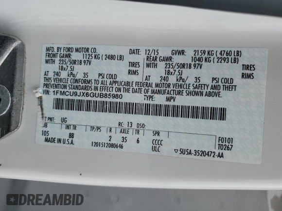 2016 Ford Escape Titanium with VIN 1FMCU9JX6GUB85980, listed as a Copart auction lot 51748715 with 129,537 mi miles and Salvage Title. Bid and sale history available at carsss.com. Image 13.