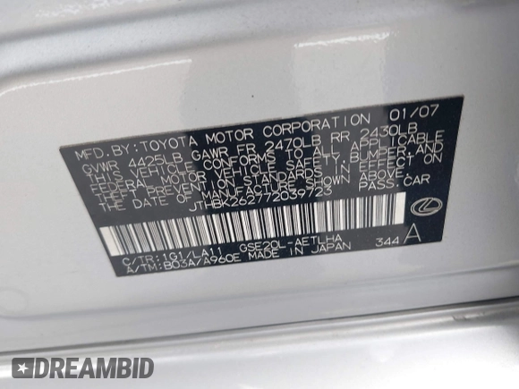 2007 Lexus IS 250 с VIN JTHBK262772039723, выставлен на аукционе IAAI как лот 42544546 с пробегом 134 050 миль миль и . История ставок и продаж доступна на DreamBid. Изображение 9.