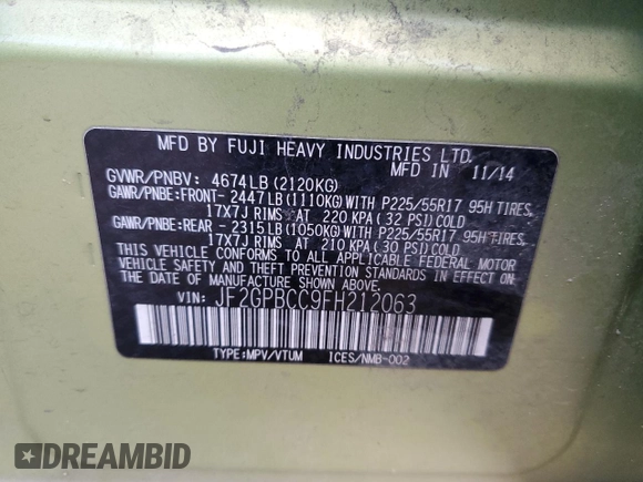 2015 Subaru Crosstrek with VIN JF2GPBCC9FH212063, listed as a Copart auction lot 81470264 with Not provided miles and Salvage title. Bid and sale history available at DreamBid. Image 12.