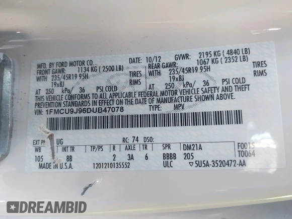 2013 Ford Escape Titanium с VIN 1FMCU9J96DUB47078, выставлен на аукционе IAAI как лот 42407240 с пробегом 47 449 миль миль и . История ставок и продаж доступна на DreamBid. Изображение 9.