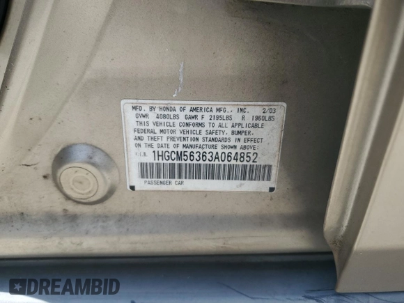 2003 Honda Accord LX with VIN 1HGCM56363A064852, listed as a Copart auction lot 60415245 with 288,685 mi miles and Salvage title. Bid and sale history available at DreamBid. Image 12.