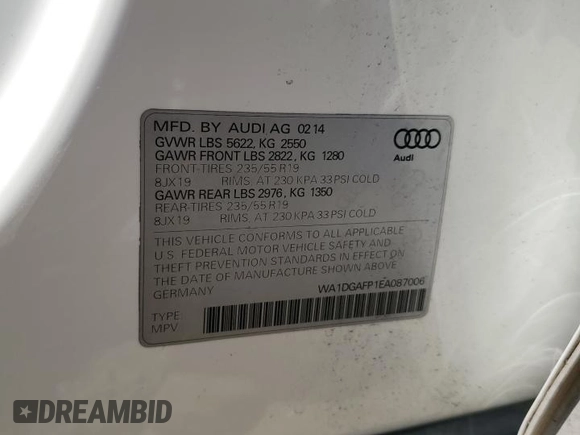 2014 Audi Q5 Premium Plus with VIN WA1DGAFP1EA087006, listed as a Copart auction lot 62254395 with 80,923 mi miles and Salvage title. Bid and sale history available at DreamBid. Image 12.