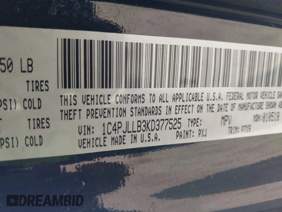 2019 Jeep Cherokee Latitude Plus with VIN 1C4PJLLB3KD377525, listed as a IAAI auction lot 41894239 with 143,711 mi miles and . Bid and sale history available at DreamBid. Image 9.