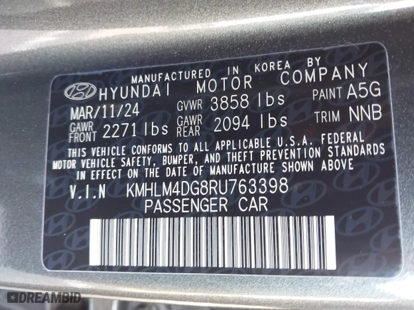 2024 Hyundai Elantra SEL with VIN KMHLM4DG8RU763398, listed as a IAAI auction lot 41506136 with 13,182 mi miles. Bid and sale history available at carsss.com. Image 9.