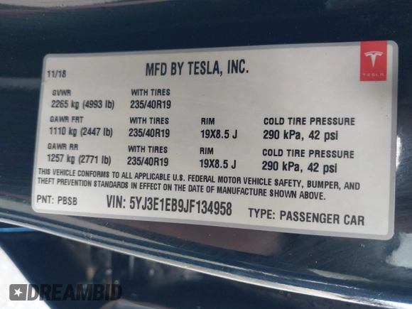2018 Tesla Model 3 Long Range Battery with VIN 5YJ3E1EB9JF134958, listed as a IAAI auction lot 41980958 with 80,367 mi miles and . Bid and sale history available at DreamBid. Image 9.