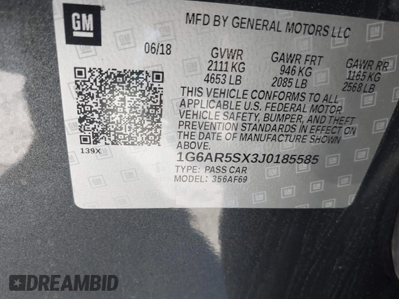 2018 Cadillac CTS Luxury RWD with VIN 1G6AR5SX3J0185585, listed as a IAAI auction lot 41673223 with 42,507 mi miles and . Bid and sale history available at DreamBid. Image 9.