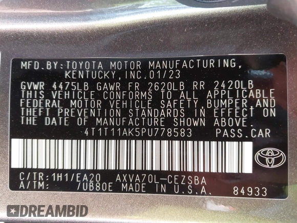 2023 Toyota Camry SE with VIN 4T1T11AK5PU778583, listed as a IAAI auction lot 41721664 with 41,145 mi miles and . Bid and sale history available at DreamBid. Image 9.