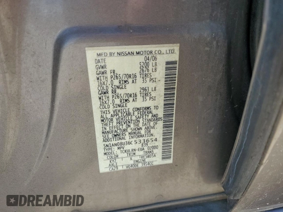2006 Nissan Xterra SE с VIN 5N1AN08U36C533654, выставлен на аукционе Copart как лот 61691255 с пробегом 171 352 миль миль и Чистый • Clean title. История ставок и продаж доступна на DreamBid. Изображение 12.
