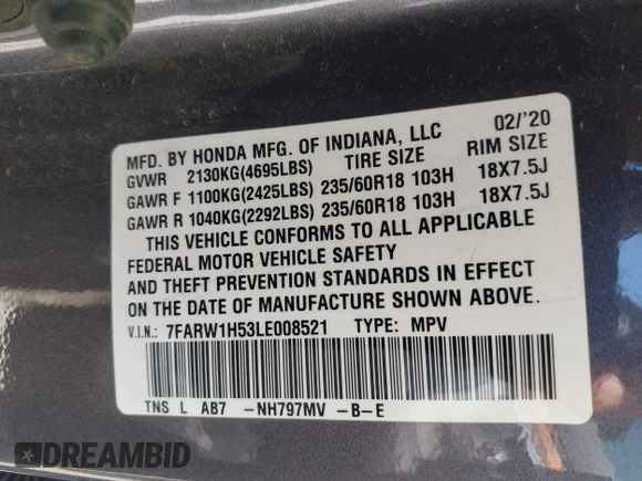2020 Honda CR-V EX with VIN 7FARW1H53LE008521, listed as a IAAI auction lot 42019230 with 122,025 mi miles and . Bid and sale history available at DreamBid. Image 9.