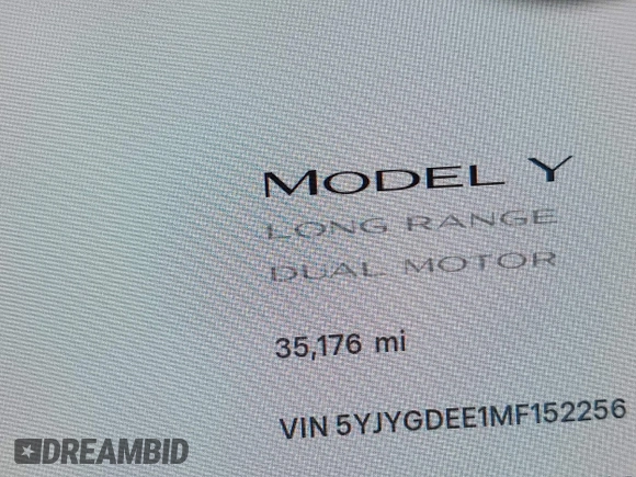 2021 Tesla Model Y Long Range with VIN 5YJYGDEE1MF152256, listed as a IAAI auction lot 42004769 with 35,176 mi miles. Bid and sale history available at carsss.com. Image 16.