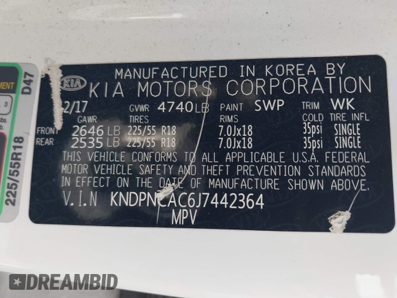 2018 Kia Sportage EX with VIN KNDPNCAC6J7442364, listed as a IAAI auction lot 42012509 with 217,245 mi miles and . Bid and sale history available at DreamBid. Image 9.