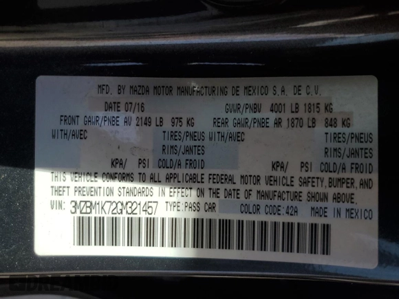 2016 Mazda 3 i Sport with VIN 3MZBM1K72GM321457, listed as a Copart auction lot 50001975 with 173,105 mi miles and Salvage Title. Bid and sale history available at DreamBid. Image 12.