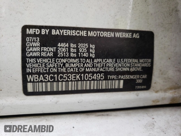 2014 BMW 3 Series 328i with VIN WBA3C1C53EK105495, listed as a Copart auction lot 52176255 with 154,122 mi miles and Salvage Title. Bid and sale history available at carsss.com. Image 12.