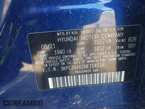 2022 Hyundai Accent SE with VIN 3KPC24A62NE154516, listed as a IAAI auction lot 41673344 with 85,945 mi miles and . Bid and sale history available at carsss.com. Image 9.