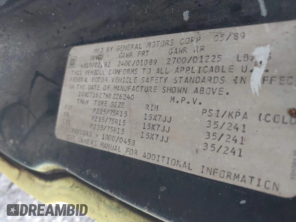 1989 Chevrolet Blazer z VIN 1GNCT18Z7K8226240, wystawiony jako IAAI lot #42367663 z przebiegiem 213 142 mil mil oraz . Historia ofert i sprzedaży dostępna na DreamBid. Obrazek 9.