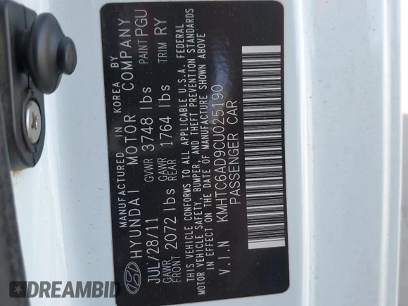 2012 Hyundai Veloster w/Gray Int with VIN KMHTC6AD9CU025190, listed as a Copart auction lot 59702755 with 188,579 mi miles and Salvage title. Bid and sale history available at DreamBid. Image 12.