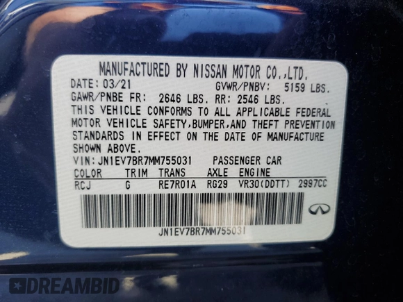 2021 Infiniti Q50 Luxe with VIN JN1EV7BR7MM755031, listed as a Copart auction lot 57383075 with 35,903 mi miles and Salvage title. Bid and sale history available at DreamBid. Image 12.