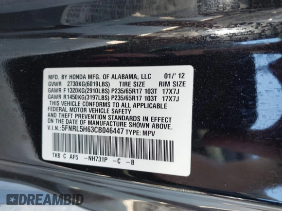 2012 Honda Odyssey EX-L z VIN 5FNRL5H63CB046447, wystawiony jako IAAI lot #42578775 z przebiegiem 247 852 mil mil oraz . Historia ofert i sprzedaży dostępna na DreamBid. Obrazek 9.
