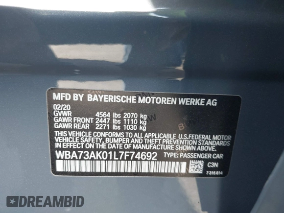 2020 BMW 2 Series 228i xDrive with VIN WBA73AK01L7F74692, listed as a IAAI auction lot 41424740 with 54,175 mi miles and . Bid and sale history available at DreamBid. Image 9.