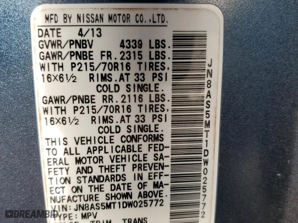 2013 Nissan Rogue S with VIN JN8AS5MT1DW025772, listed as a Copart auction lot 87327454 with 175,271 mi miles and Salvage Title. Bid and sale history available at carsss.com. Image 13.