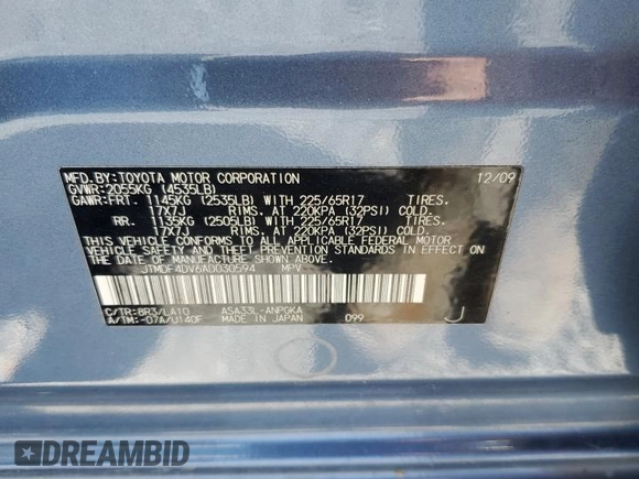 2010 Toyota RAV4 Limited with VIN JTMDF4DV6AD030594, listed as a Copart auction lot 50632655 with 173,327 mi miles and Salvage title. Bid and sale history available at DreamBid. Image 13.