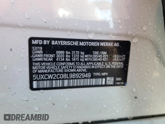 2020 BMW X7 xDrive40i z VIN 5UXCW2C08L9B92949, wystawiony jako Copart lot #55934825 z przebiegiem Nie podano mil oraz Szkoda całkowita • Salvage title. Historia ofert i sprzedaży dostępna na DreamBid. Obrazek 14.