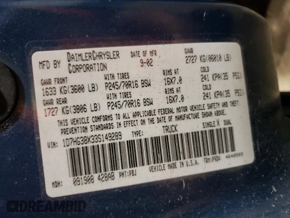2003 Dodge Dakota Sport with VIN 1D7HG38X33S149289, listed as a Copart auction lot 72442394 with 164,177 mi miles and Clean Title. Bid and sale history available at DreamBid. Image 12.