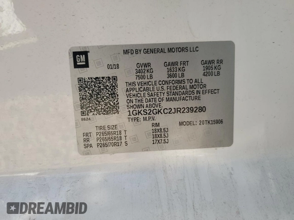 2018 GMC Yukon XL SLT with VIN 1GKS2GKC2JR239280, listed as a Copart auction lot 65234874 with 118,215 mi miles and Salvage Title. Bid and sale history available at carsss.com. Image 12.