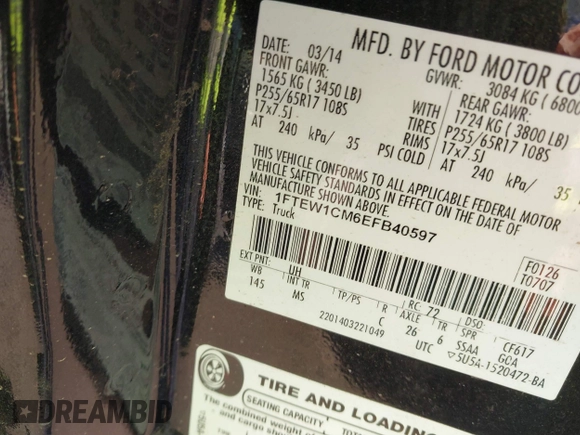 2014 Ford F-150 XL with VIN 1FTEW1CM6EFB40597, listed as a IAAI auction lot 41832554 with 159,192 mi miles and . Bid and sale history available at DreamBid. Image 9.