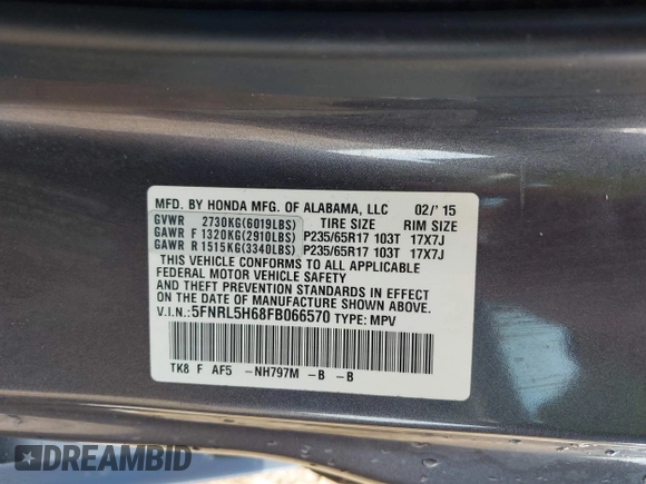 2015 Honda Odyssey EX-L with VIN 5FNRL5H68FB066570, listed as a IAAI auction lot 42092446 with 104,523 mi miles and . Bid and sale history available at DreamBid. Image 9.