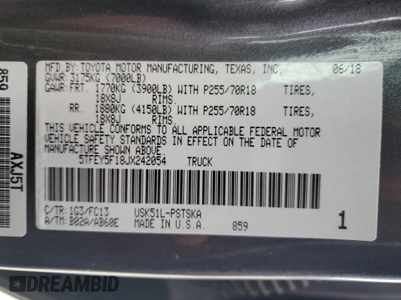 2018 Toyota Tundra 2WD SR5 with VIN 5TFEY5F18JX242054, listed as a Copart auction lot 43023045 with 127,640 mi miles and Salvage Title. Bid and sale history available at carsss.com. Image 12.