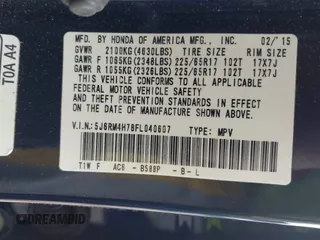 2015 Honda CR-V EX-L with VIN 5J6RM4H78FL040607, listed as a IAAI auction lot 41953997 with 128,969 mi miles. Bid and sale history available at carsss.com. Image 9.