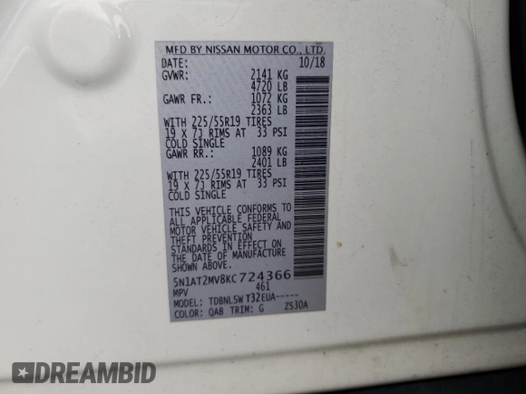 2019 Nissan Rogue SL with VIN 5N1AT2MV8KC724366, listed as a Copart auction lot 79284324 with 34,601 mi miles and Salvage Title. Bid and sale history available at carsss.com. Image 13.