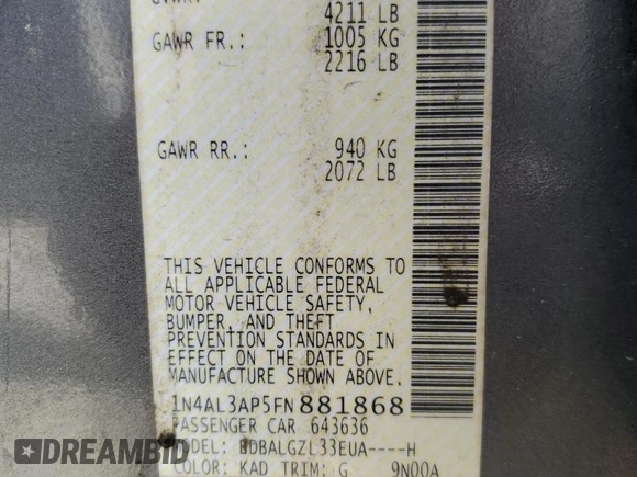 2015 Nissan Altima S with VIN 1N4AL3AP5FN881868, listed as a Copart auction lot 49207885 with 222,995 mi miles and Salvage Title. Bid and sale history available at carsss.com. Image 12.