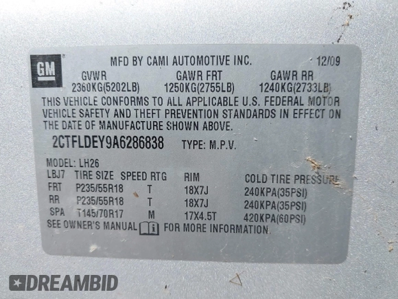 2010 GMC Terrain SLE-2 with VIN 2CTFLDEY9A6286838, listed as a IAAI auction lot 41814731 with 185,634 mi miles. Bid and sale history available at carsss.com. Image 9.