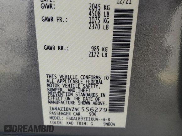 2022 Nissan LEAF S with VIN 1N4AZ1BV2NC556279, listed as a Copart auction lot 58526895 with 41,621 mi miles and Salvage title. Bid and sale history available at DreamBid. Image 13.