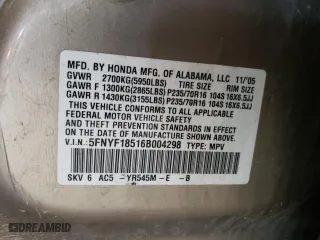 2006 Honda Pilot EX-L with VIN 5FNYF18516B004298, listed as a Copart auction lot 52034645 with 276,019 mi miles and Salvage Title. Bid and sale history available at carsss.com. Image 13.