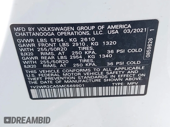 2021 Volkswagen Atlas SE с VIN 1V2WR2CA5MC569901, выставлен на аукционе IAAI как лот 42397774 с пробегом 75 802 миль миль и . История ставок и продаж доступна на DreamBid. Изображение 9.