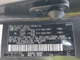 2015 Toyota 4Runner Limited with VIN JTEBU5JR9F5270455, listed as a IAAI auction lot 42157052 with 141,866 mi miles and . Bid and sale history available at carsss.com. Image 9.