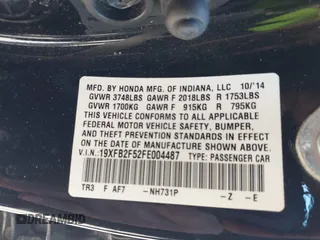 2015 Honda Civic Sedan LX with VIN 19XFB2F52FE004487, listed as a IAAI auction lot 41900671 with 125,497 mi miles. Bid and sale history available at carsss.com. Image 9.