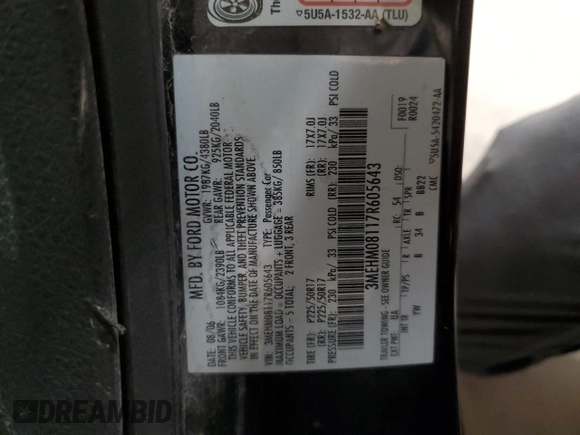 2007 Mercury Milan Premier with VIN 3MEHM08117R605643, listed as a Copart auction lot 57292535 with 218,869 mi miles and Salvage title. Bid and sale history available at DreamBid. Image 12.