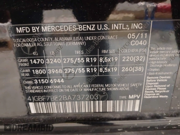 2011 Mercedes-Benz GL-Class GL 450 with VIN 4JGBF7BE2BA737203, listed as a IAAI auction lot 41364607 with 133,921 mi miles. Bid and sale history available at carsss.com. Image 9.