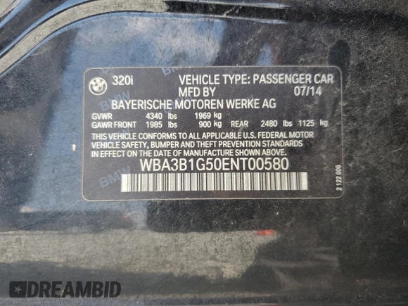 2014 BMW 3 Series 320i with VIN WBA3B1G50ENT00580, listed as a Copart auction lot 53697085 with 128,925 mi miles and Clean Title. Bid and sale history available at carsss.com. Image 12.