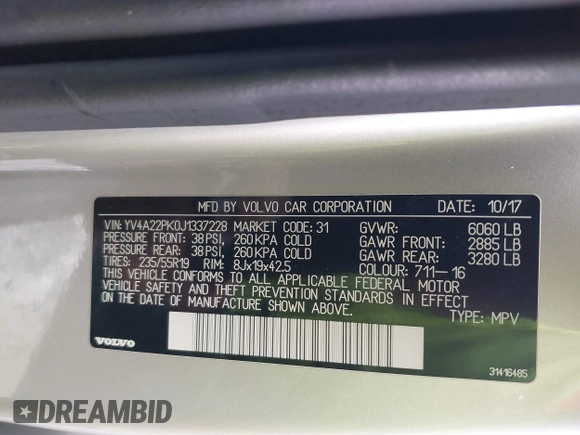 2018 Volvo XC90 Momentum with VIN YV4A22PK0J1337228, listed as a IAAI auction lot 41967308 with 128,207 mi miles. Bid and sale history available at carsss.com. Image 9.