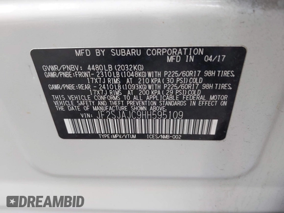 2017 Subaru Forester Limited with VIN JF2SJAJC9HH595109, listed as a IAAI auction lot 41790356 with 129,966 mi miles. Bid and sale history available at carsss.com. Image 9.