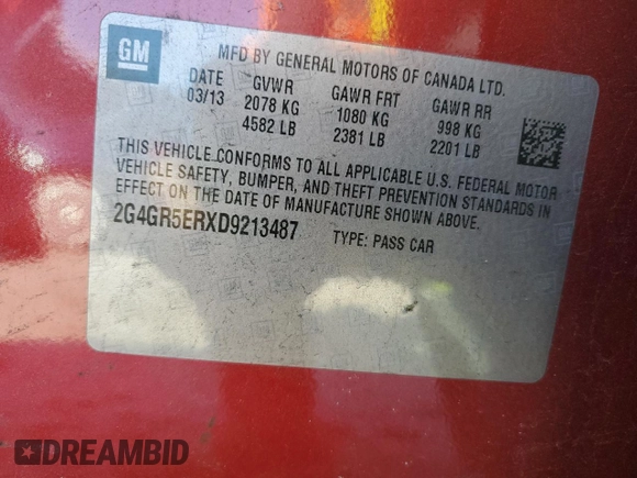 2013 Buick Regal with VIN 2G4GR5ERXD9213487, listed as a Copart auction lot 83364054 with 0 mi miles and Salvage Title. Bid and sale history available at carsss.com. Image 12.