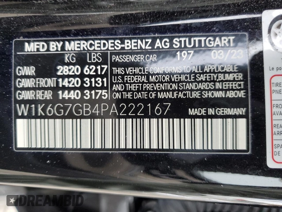 2023 Mercedes-Benz S-Class S 580 with VIN W1K6G7GB4PA222167, listed as a Copart auction lot 44016715 with 23,404 mi miles and Salvage Title. Bid and sale history available at carsss.com. Image 12.